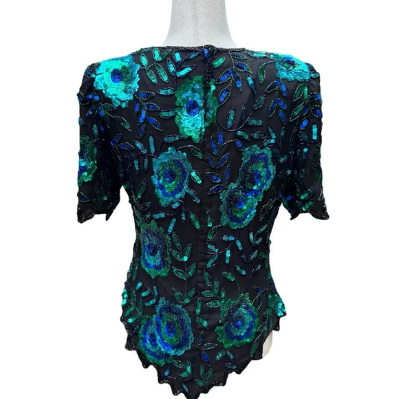 Laurence Kazar Vintage Sequin Silk Beaded Top Medium Floral Glam 80s 90s Party - Picture 7 of 15